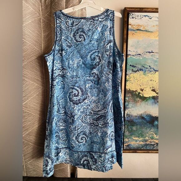 J. Jill Love Linen Dress Women Sz Large Petite Indigo Blue Paisley Waves A-line - Picture 11 of 11